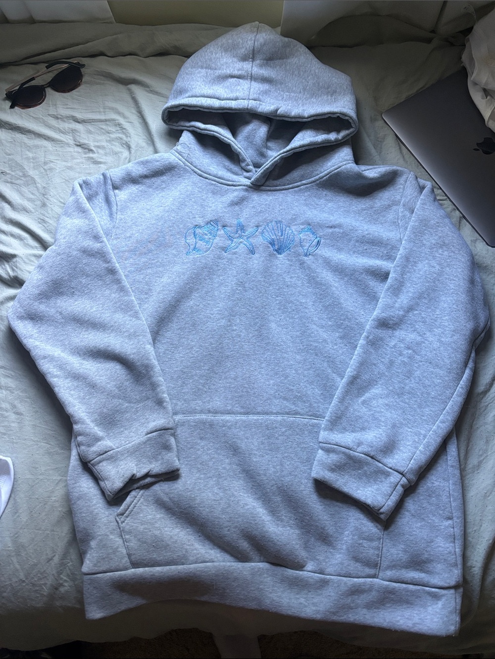 Gray Embroidered Seashell Hoodie - Casual Pullover